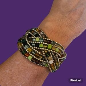 VTG 1990s Glass Square Bead Braided Cuff Chunky Statement Bracelet